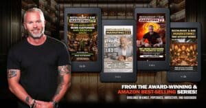| restaurant seo, reputation management & website design | bar marketing basics author erik shellenberger standing next to his four amazon best-selling "restaurant & bar marketing" book series displayed on kindle devices in a high-end bar setting.