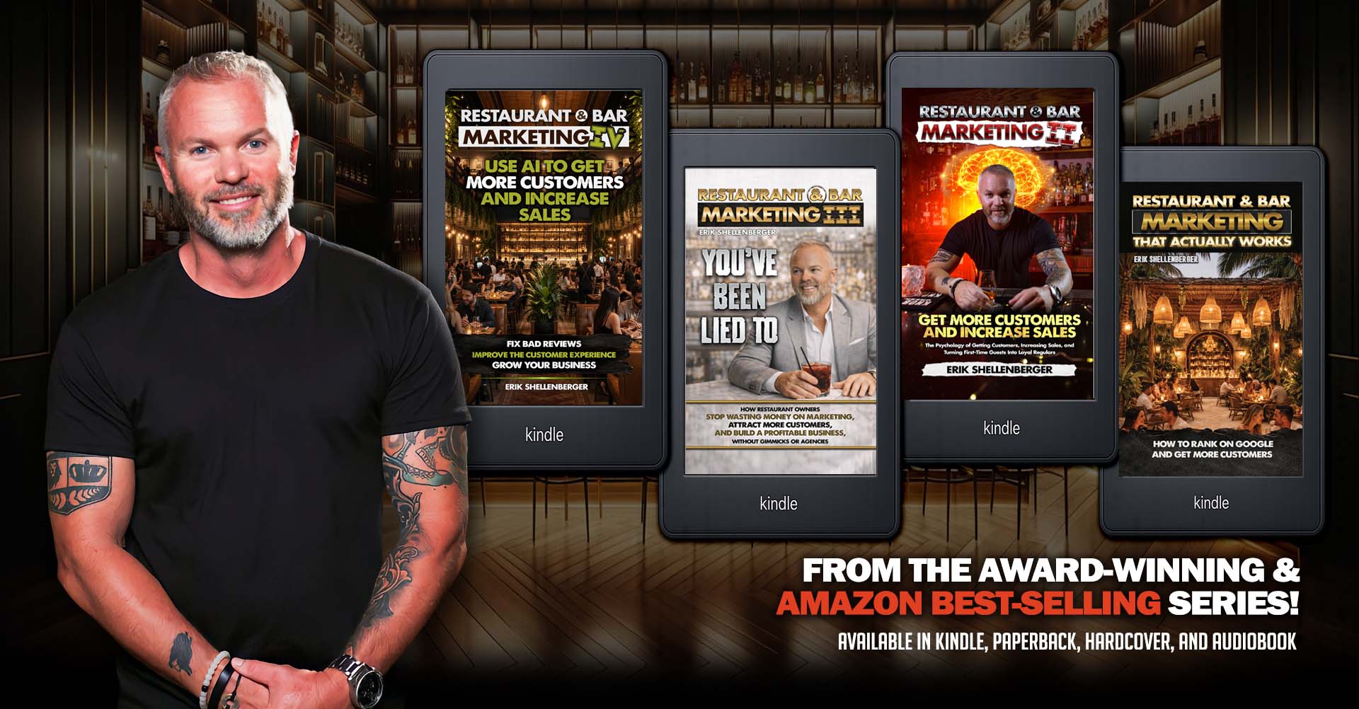 Author erik shellenberger standing next to his four amazon best-selling "restaurant & bar marketing" book series displayed on kindle devices in a high-end bar setting.