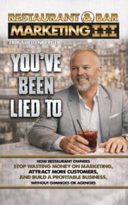 | restaurant seo, reputation management & website design | bar marketing basics promotional cover with a smiling man in a gray suit at a bar; bold gold title reads 'restaurant & bar marketing iii' and 'you've been lied to' subtitle in large letters.