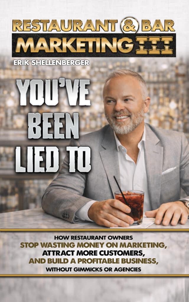 | restaurant seo, reputation management & website design | bar marketing basics promotional cover with a smiling man in a gray suit at a bar; bold gold title reads'Restaurant & Bar Marketing III' and 'You've Been Lied To' subtitle in large letters.