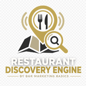 | restaurant seo, reputation management & website design | bar marketing basics logo of restaurant discovery engine: a gold map pin with a fork and knife inside, a magnifying glass, and map imagery in the background.